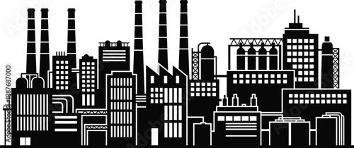 Industrial city factory skyline silhouette with smokestacks and manufacturing buildings, heavy industry infrastructure, pollution concept, black vector illustration isolated background