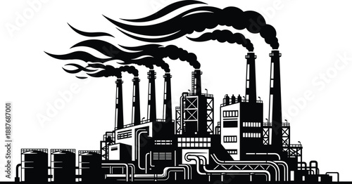 Industrial factory silhouette with multiple smokestacks and flowing smoke, petrochemical power plant pollution concept, heavy industry black vector illustration isolated