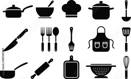 Professional Set of Black Kitchen Utensil Silhouettes Featuring Various Spatulas Ladles Spoons and Forks for Culinary Design Restaurant Menus and Home Cooking Graphic Project Illustrations