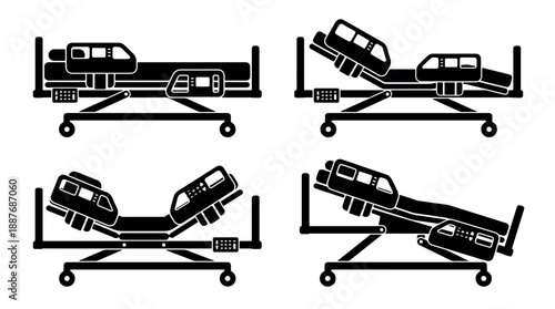 Set of four adjustable hospital beds in different positions.