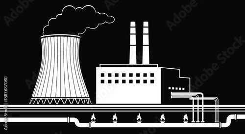Industrial power plant silhouette with cooling tower smokestacks gas pipeline flames energy infrastructure pollution concept black vector illustration isolated background