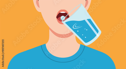 Taking Medicine a Person Taking a Pill with Water, Illustration