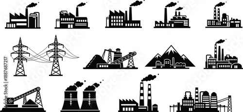 Industrial energy icons set with factories power plants mining electricity infrastructure pollution symbols black vector illustration isolated white background designIndustrial energy