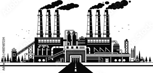 Industrial factory silhouette with multiple smokestacks, power plant complex, air pollution concept, heavy industry infrastructure, black vector illustration isolated