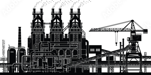 Heavy industrial factory silhouette with blast furnaces, pipelines, conveyor system and crane, steel manufacturing plant, black vector illustration isolated white background
