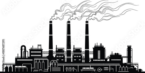 ndustrial power plant silhouette with smoking chimneys, factory infrastructure, air pollution concept, heavy industry, black vector illustration isolated white background