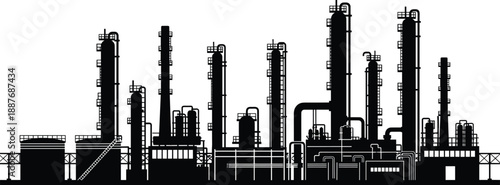 Industrial oil refinery silhouette, petrochemical factory towers and pipelines, energy production infrastructure, heavy industry, black vector illustration isolated white background