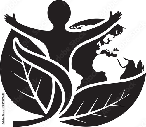 Ecology concept with human silhouette holding earth and leaves vector illustration artwork
