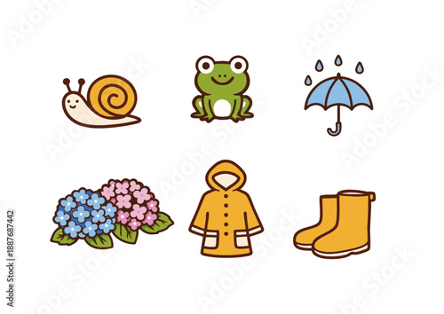 梅雨・雨の日モチーフのかわいいアイコンセット ベクター素材