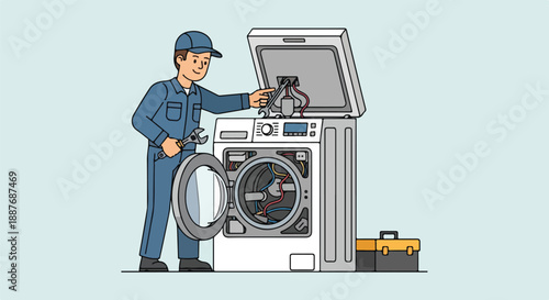 Technician Repairing a Washing Machine with Tools