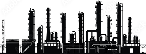 Industrial oil refinery silhouette, petrochemical factory with pipelines and towers, energy production infrastructure, heavy industry, black vector illustration isolated