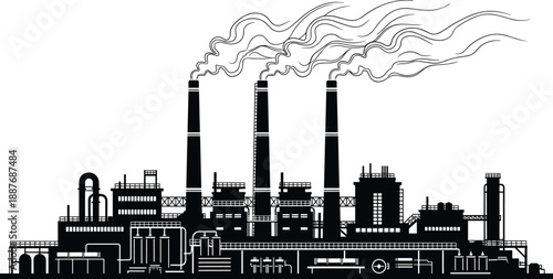 Industrial factory silhouette with smoking chimneys, power plant pollution concept, heavy industry infrastructure, black vector illustration isolated on white backgroundIndustrial factory 