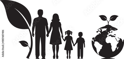 Family silhouette protecting earth with growing plant concept vector illustration line art