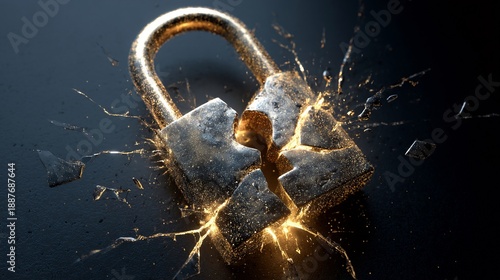 A close-up of a shattered padlock, symbolizing security breaches and vulnerability.