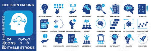 Decision making icon set featuring  decision, judgment, assessment, optimization, forecasting, risk and governance. vector