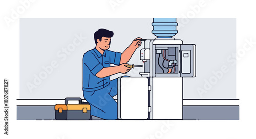 Technician Repairing a Water Dispenser in an Office Illustration