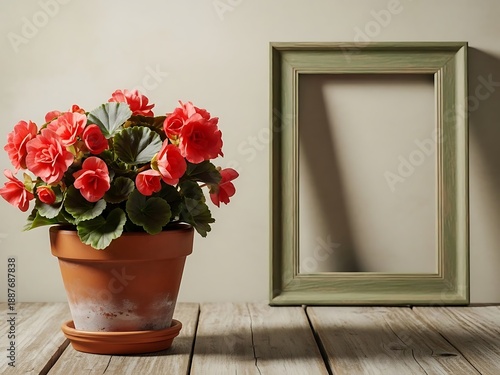Red Begonia in Terracotta Pot Beside Wooden Picture Frame Still Life