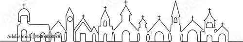 continuous line of churches. one line drawing of church, one line Art icon drawing vector