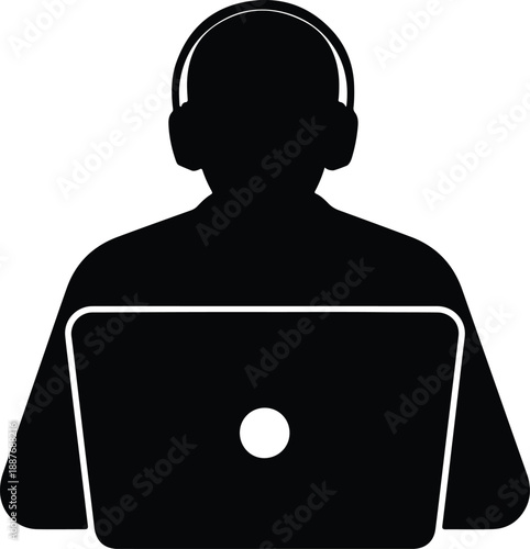 Isolated silhouette of person wearing headphones using laptop illustration vector