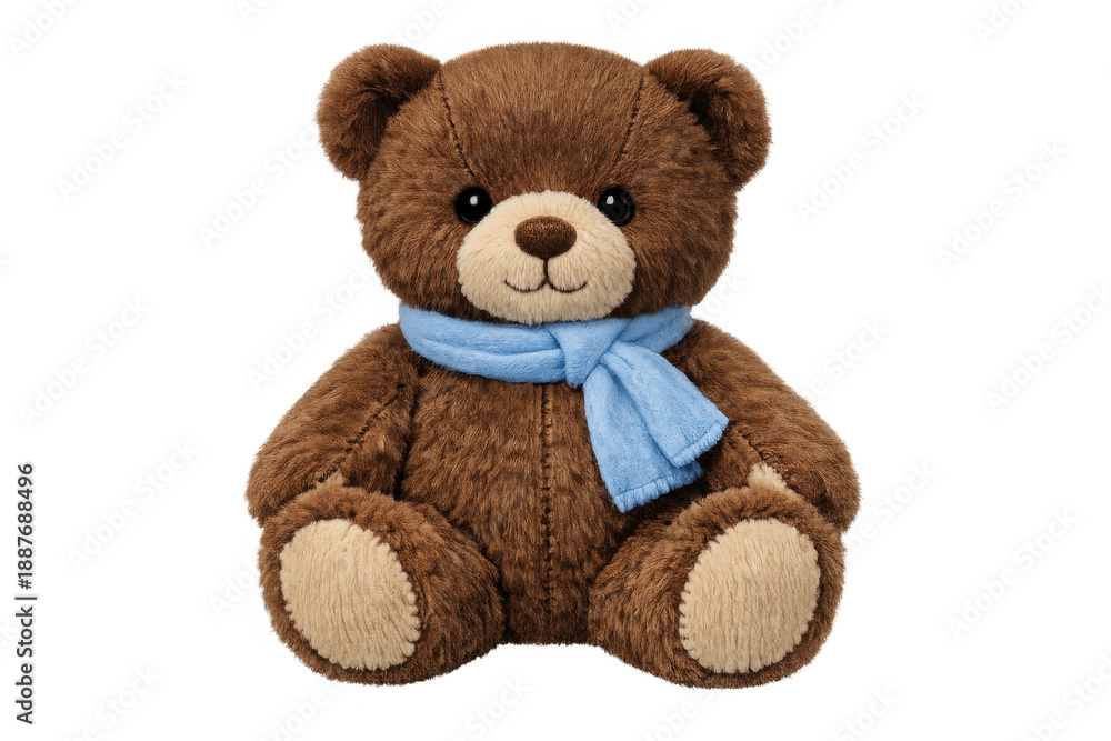 Obraz premium Brown teddy bear plush toy wearing a blue scarf, representing childhood comfort, tenderness, and friendship, transparent background