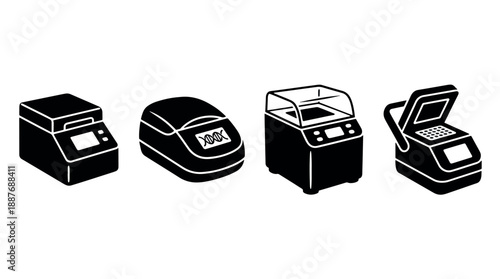 Set of four different laboratory machines in black and white.