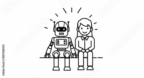 Woman and Robot Sitting Together, Concept of Ai and Integration