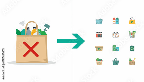Zero Waste vs Traditional Grocery Comparison Vector Icons