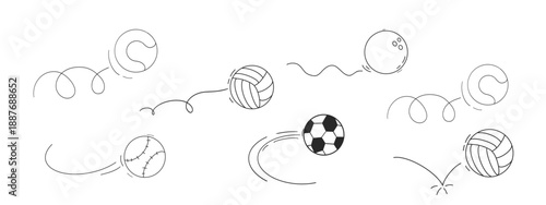 Bounced ball set comic manga effect, doodle line hand drawn ball jump trajectory, ball motion expression. Sketch movement.