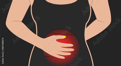 Woman Holding Abdomen Indicating Pain, Medical Illustration