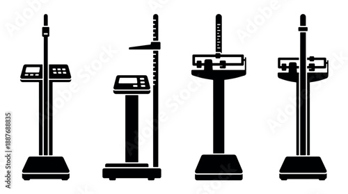 Set of four different medical weight and height scales in silhouette.