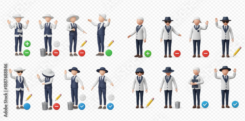 Set of 3D cartoon characters with various poses and accessories for design elements.