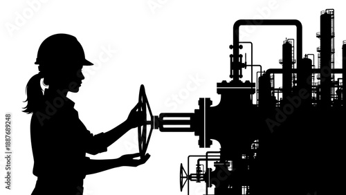 Female engineer operating industrial machinery valve.