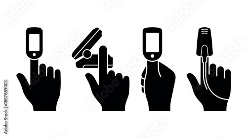 Set of Icons Illustrating Pulse Oximeter Usage on Fingers.