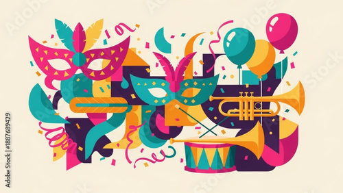 Colorful Carnival Mask Party with Trumpet and Balloons Illustration