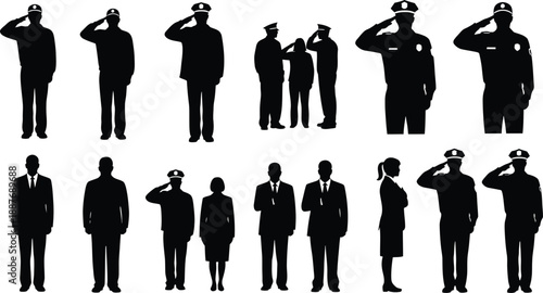 Collection of Silhouetted Police Officers and Business People Saluting and Standing