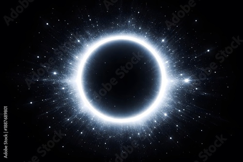 Cosmic Eclipse Ring – Glowing White Halo with Radiant Streaks on Black Background
