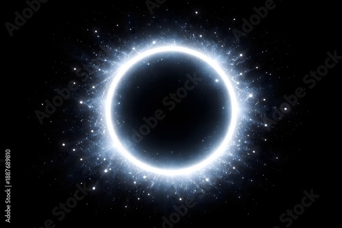 Cosmic Eclipse Ring – Glowing White Halo with Radiant Streaks on Black Background for Sci-Fi and Abstract Visuals