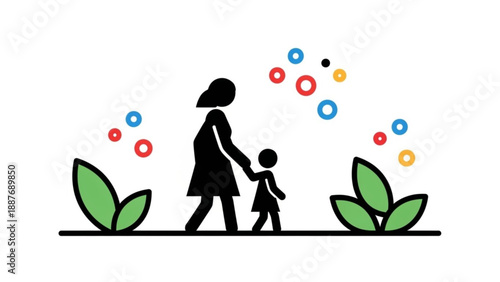 Mother Holding Childs Hand Walking on Path with Leaves and Colorful Circles