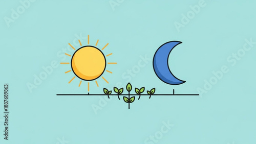 Sun and Moon Together on Horizon with Green Leaves, Day and Night Concept, Simple Illustration