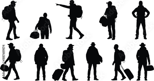 Traveler Silhouettes with Luggage and Backpacks Vector Set
