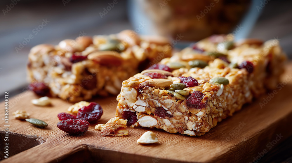 Fototapeta premium Close-up of granola bar breaking revealing oats nuts and seeds, healthy snacks and nutrition theme, breakfast and culinary photography, defocused broken pieces, with copy space