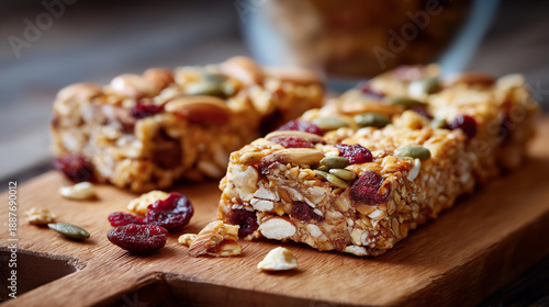 Close-up of granola bar breaking revealing oats nuts and seeds, healthy snacks and nutrition theme, breakfast and culinary photography, defocused broken pieces, with copy space