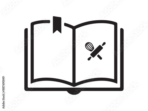 A black and white line art icon of an open cookbook with a whisk and rolling pin symbol.