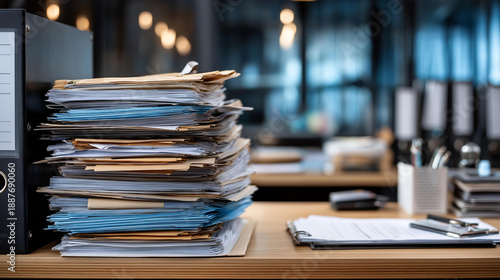 Stacks of paperwork and files in office, representing work overload and file management, document organization challenge, administrative burden display, office filing system,
