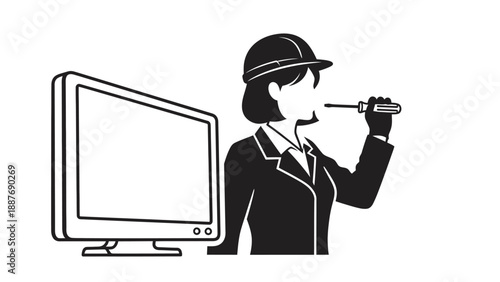 Woman in business attire holding a microphone beside a computer monitor.