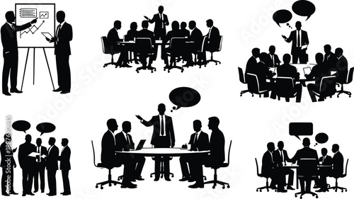 Business Meeting Silhouettes with Presentations and Discussions