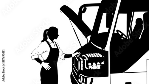 Mechanic woman inspecting a vehicle engine.