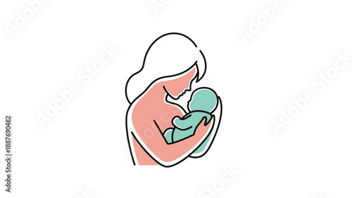 Mother Holding Newborn Baby in Simple Line Art Style