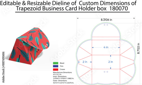 Red trapezoid business card holder box with blue and green and dimensions