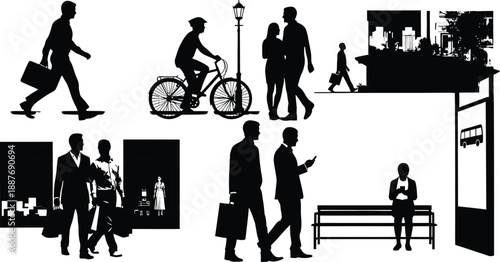 Black Silhouettes of Urban People Walking, Cycling, and Waiting at Bus Stop